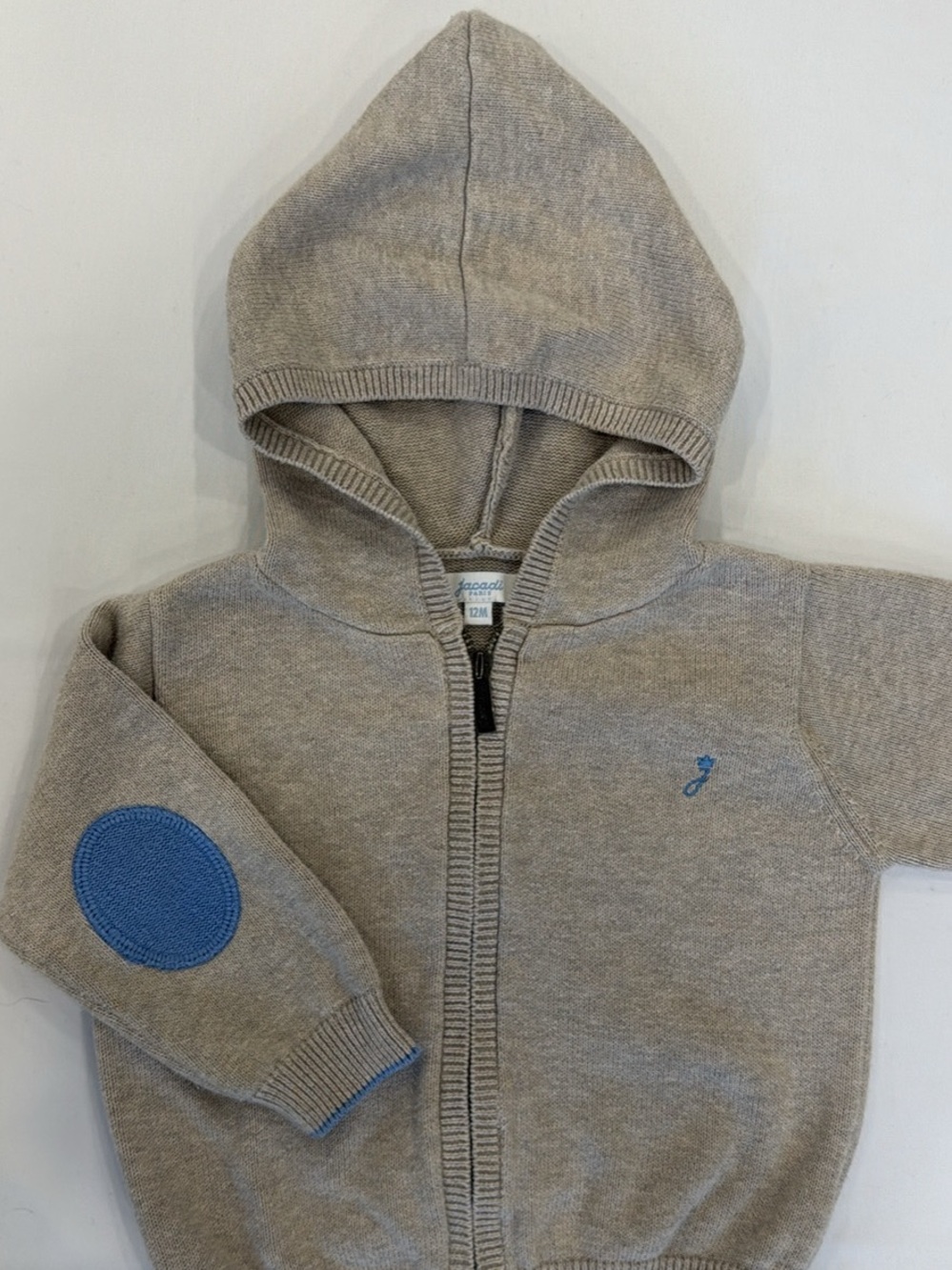 Jacadi Grey Knit Zip-Up Hoodie with Blue Elbow Patch